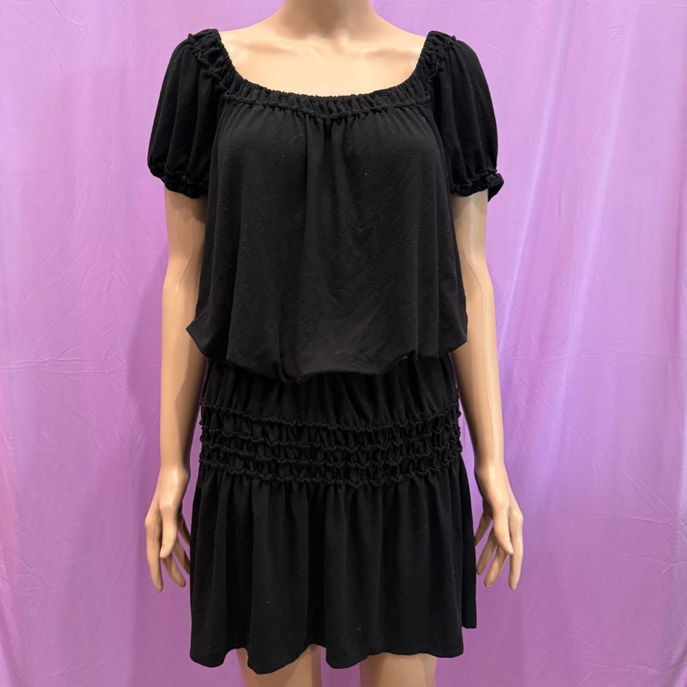 Max Studio Black Ruched Babydoll Dress Puffy Sleeve Goth Grunge Alt M 9903U68
